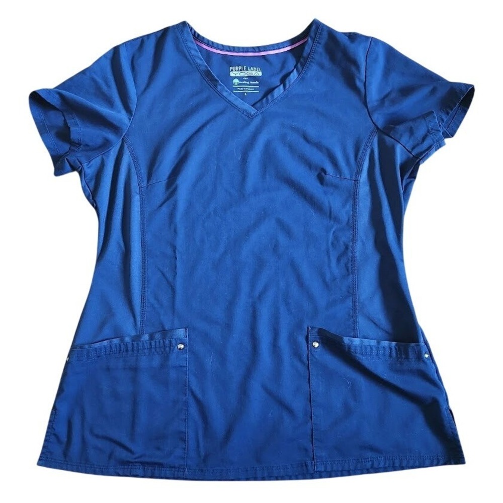 Healing Hands Purple Label Yoga Juliet Scrub Top Navy Blue V-Neck Womens L 405